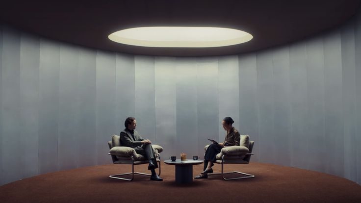 Two figures under a circular skylight